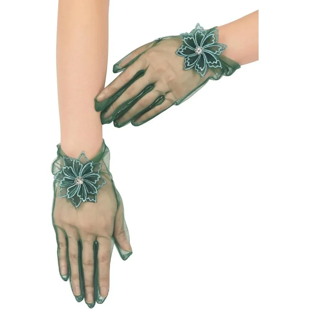 Women's Evening Dark Green Mesh Lace Short Gloves Wedding Bridal Tea Party Prom